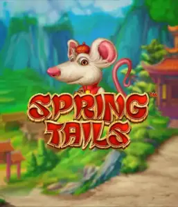 An enchanting illustration of a mouse dressed in traditional Chinese attire standing in a scenic mountain backdrop. The image promotes the Spring Tails game by Betsoft, showcased with bold gold and red logo lettering.